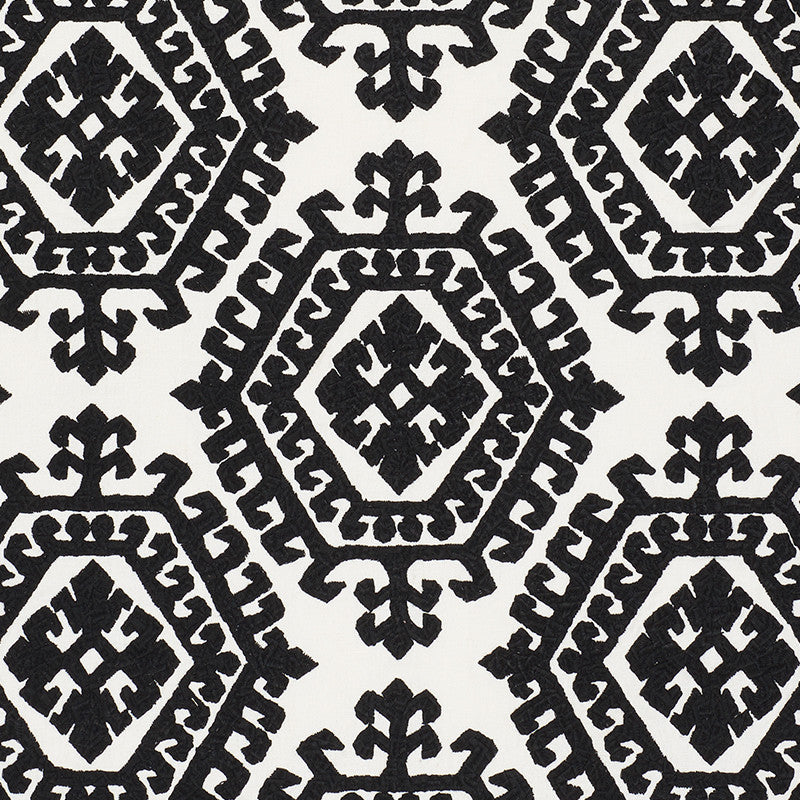Omar Embroidery Black 71942 by Schumacher Fabric Caravanne 46% Polyester, 28% Linen, 26% Cotton Martindale 50,000 Horizontal: 16.75 and Vertical: 14.75 51 - Fabric Carolina -