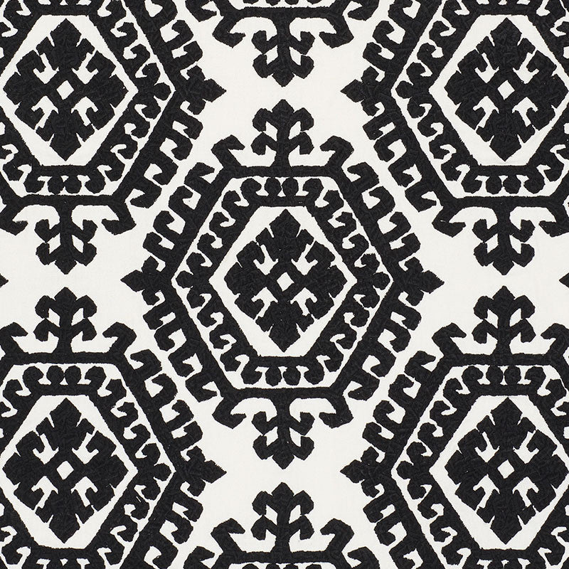 Omar Embroidery Black 71942 by Schumacher Fabric CARAVANNE POLYESTER 46% LINEN 28% INDIA MARTINDALE 50,000 </p><p>Repeat: Horizontal: 16 3/4" (43CM) and Vertical: 14 3/4" (37CM) 51 - Fabric Carolina -