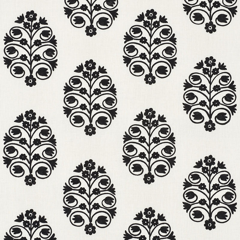 Talitha Embroidery Blackwork 72090 by Schumacher Designer Fabric VOGUE LIVING See Sample INDIA - </p><p>Repeat: Horizontal: 12 1/2" (32CM) and Vertical: 10 1/4" (26CM) 50" (127CM) - Swanky Fabrics -