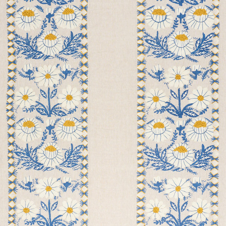 Marguerite Embroidery Blue & Ochre 72332 by Schumacher Fabric Schumacher Fabric Marguerite Embroidery Blue & Ochre 72332Fabric WOOL 60% INDIA </p><p>Repeat: H: HORZ. 25" (64CM) , V: VERT. 23" (58CM) 54 - Fabric Carolina -