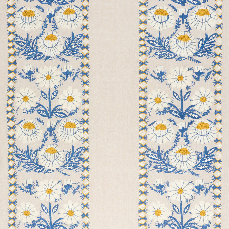 Marguerite Embroidery Blue & Ochre 72332 by Schumacher Fabric REVISIT OF POPULAR PATTERNS WOOL 60% LINEN 40% INDIA </p><p>Repeat: Horizontal: 25" (64CM) and Vertical: 23" (58CM) 54 - Fabric Carolina -