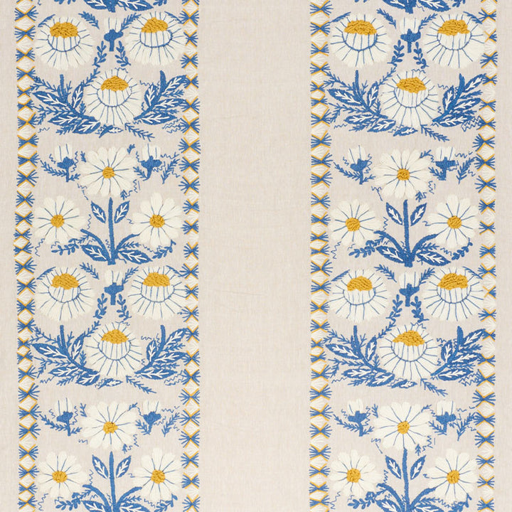 Marguerite Embroidery Blue & Ochre 72332 by Schumacher Fabric REVISIT OF POPULAR PATTERNS See Sample INDIA - </p><p>Repeat: Horizontal: 25" (64CM) and Vertical: 23" (58CM) 54" (137CM) - Fabric Carolina -