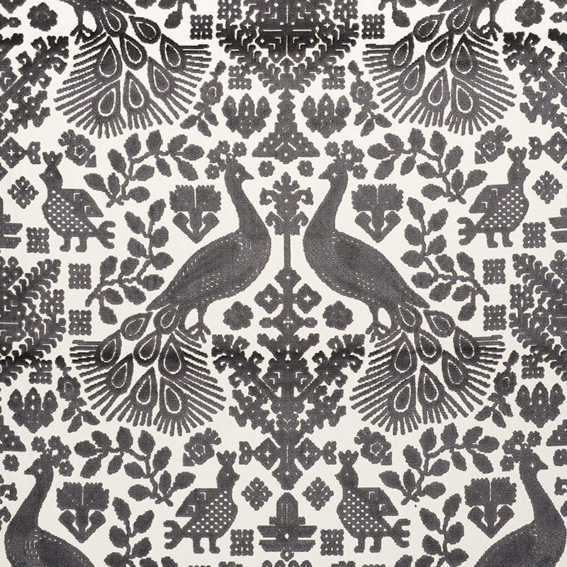 Pavone Velvet Carbon 72970 by Schumacher Fabric CUT & PATTERNED VELVETS See Sample BELGIUM MEDIUM DUTY </p><p>Repeat: Horizontal: 27 1/4" (69CM) and Vertical: 27 1/2" (70CM) 54" (137CM) - Fabric Carolina -