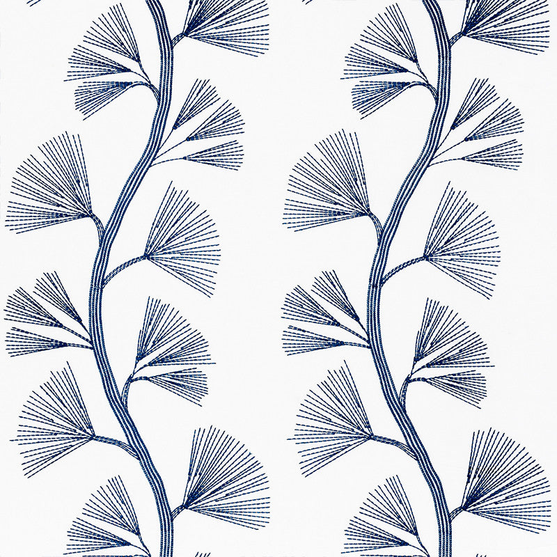 Ginkgo Embroidery Marine 73081 by Schumacher Fabric Orient-Express 42% Cotton, 34% Linen, 24% Rayon Martindale 19,000 Horizontal: 18 and Vertical: 30.5 58 - Fabric Carolina -