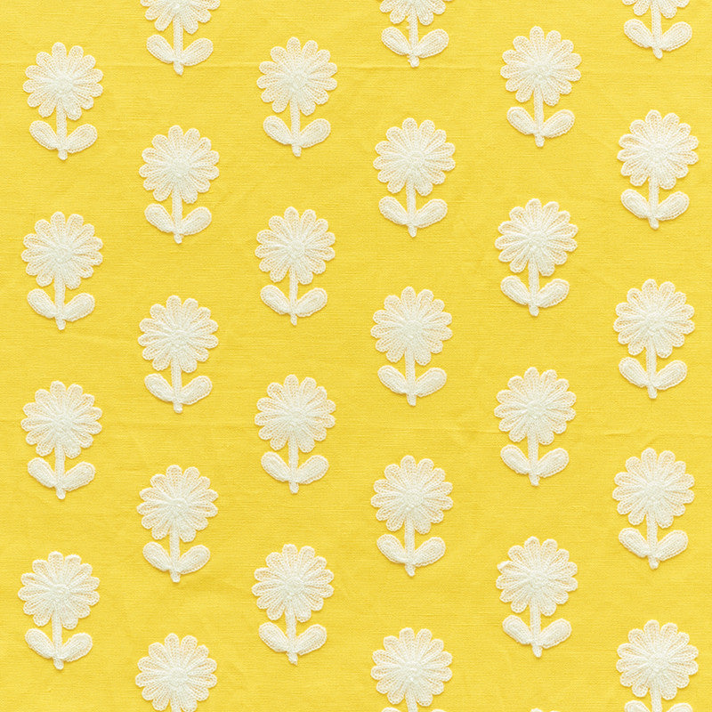 Paley Embroidery Yellow 73480 by Schumacher Fabric Happy-Together 80% Linen, 20% Acrylic - Horizontal: 2 and Vertical: 3.75 54 - Fabric Carolina -
