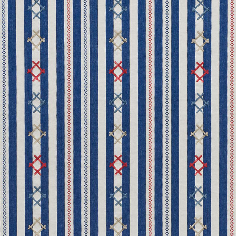 Rhodes Stripe Navy 74460 by Schumacher Fabric Primitive-Beauty 88% Cotton, 12% Polyester Martindale 18,000 Horizontal: 6.625 and Vertical: 7.625 54.25 - Fabric Carolina -