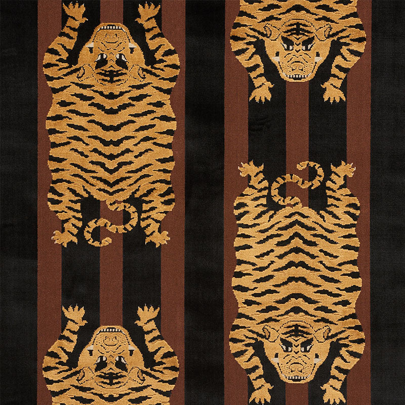 Jokhang Tiger Velvet Brown & Black 77232 by Schumacher Fabric JOHNSON HARTIG FOR LIBERTINE VISCOSE 80% COTTON 10% BELGIUM </p><p>Repeat: Horizontal: 27" (69CM) and Vertical: 22" (56CM) 53.5 - Fabric Carolina -