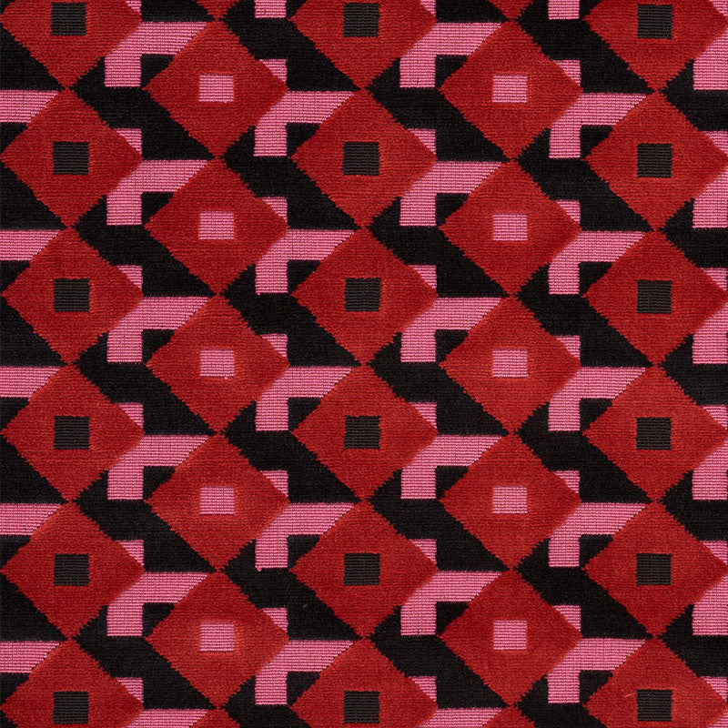 Dazzle Ship Velvet Pink & Black 77240 by Schumacher Fabric JOHNSON HARTIG FOR LIBERTINE POLYESTER 87% COTTON 13% BELGIUM </p><p>Repeat: Horizontal: 5 1/2" (14CM) and Vertical: 2 1/2" (6CM) 53.5 - Fabric Carolina -