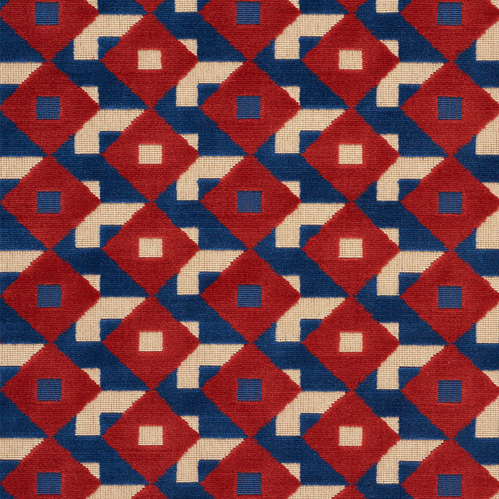 Dazzle Ship Velvet Blue & Red 77241 by Schumacher Fabric JOHNSON HARTIG FOR LIBERTINE POLYESTER 87% COTTON 13% BELGIUM </p><p>Repeat: Horizontal: 5 1/2" (14CM) and Vertical: 2 1/2" (6CM) 53.5 - Fabric Carolina -