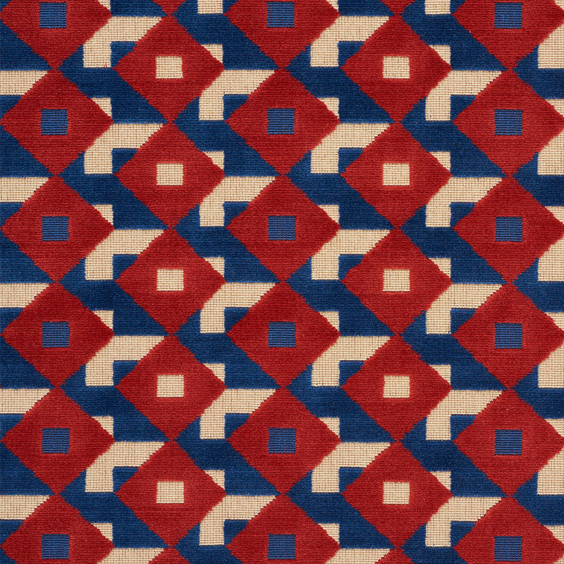 Dazzle Ship Velvet Blue & Red 77241 by Schumacher Designer Fabric JOHNSON HARTIG FOR LIBERTINE POLYESTER 87% COTTON 13% BELGIUM </p><p>Repeat: Horizontal: 5 1/2" (14CM) and Vertical: 2 1/2" (6CM) 53.5 - Swanky Fabrics -
