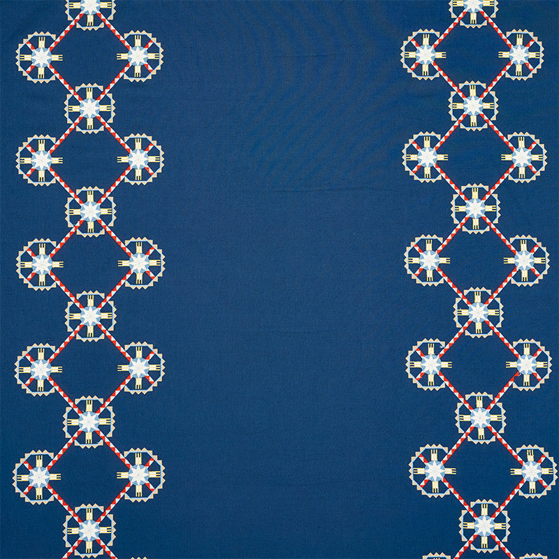 Chamizal Embroidery Blue & Red 77601 by Schumacher Fabric TRUE WEST LINEN 52% COTTON 44% INDIA </p><p>Repeat: Horizontal: 28 1/2" (72CM) and Vertical: 7 1/2" (19CM) 55 - Fabric Carolina -