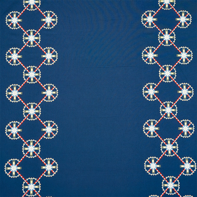 Chamizal Embroidery Blue & Red 77601 by Schumacher Designer Fabric TRUE WEST LINEN 52% COTTON 44% INDIA </p><p>Repeat: Horizontal: 28 1/2" (72CM) and Vertical: 7 1/2" (19CM) 55 - Swanky Fabrics -