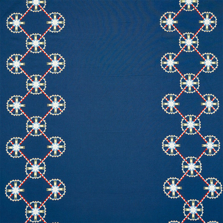 Chamizal Embroidery Blue & Red 77601 by Schumacher Designer Fabric TRUE WEST See Sample INDIA - </p><p>Repeat: Horizontal: 28 1/2" (72CM) and Vertical: 7 1/2" (19CM) 55" (140CM) - Swanky Fabrics -