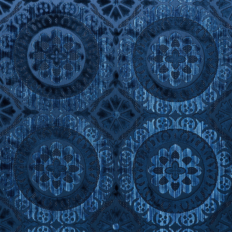Suzani Strie Velvet Sapphire 77640 by Schumacher Fabric CUT & PATTERNED VELVETS VISCOSE 60% COTTON 40% INDIA </p><p>Repeat: Horizontal: 13 1/2" (34CM) and Vertical: 12 3/4" (32CM) 54.25 - Fabric Carolina -