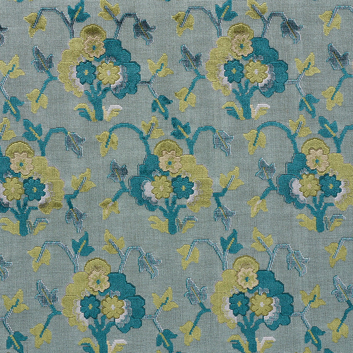 Jennie Velvet Peacock & Celadon 77742 by Schumacher Fabric CUT & PATTERNED VELVETS VISCOSE 80% COTTON 10% BELGIUM MARTINDALE 40,000 </p><p>Repeat: Horizontal: 9" (23CM) and Vertical: 14 1/4" (36 CM) 54.25 - Fabric Carolina -