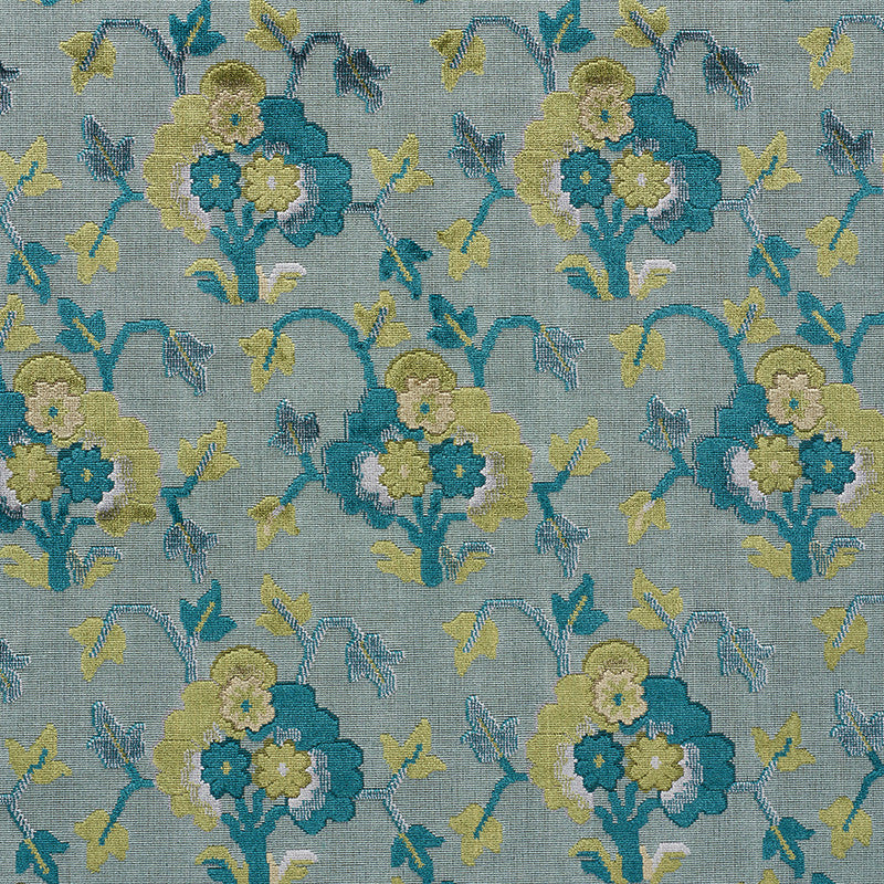 Jennie Velvet Peacock & Celadon 77742 by Schumacher Fabric CUT & PATTERNED VELVETS See Sample BELGIUM MEDIUM DURABILITY </p><p>Repeat: Horizontal: 9" (23CM) and Vertical: 14 1/4" (36 CM) 54 1/4" (138CM) - Fabric Carolina -