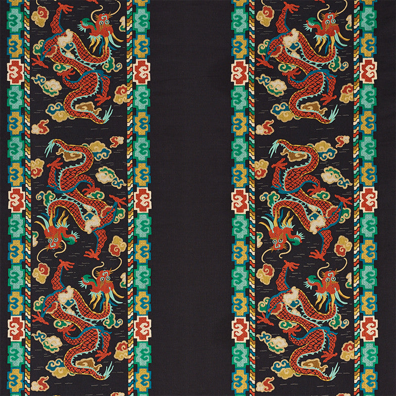 Lotan Dragon Embroidery Black 78090 by Schumacher Fabric FIRE BREATHER LINEN 65% POLYESTER 35% INDIA </p><p>Repeat: Horizontal: 26 1/2" (67CM) and Vertical: 30" (76CM) 58.5 - Fabric Carolina -