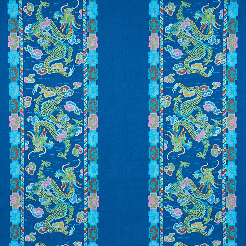 Lotan Dragon Embroidery Blue 78091 by Schumacher Fabric FIRE BREATHER LINEN 65% POLYESTER 35% INDIA </p><p>Repeat: Horizontal: 26 1/2" (67CM) and Vertical: 30" (76CM) 58.5 - Fabric Carolina -