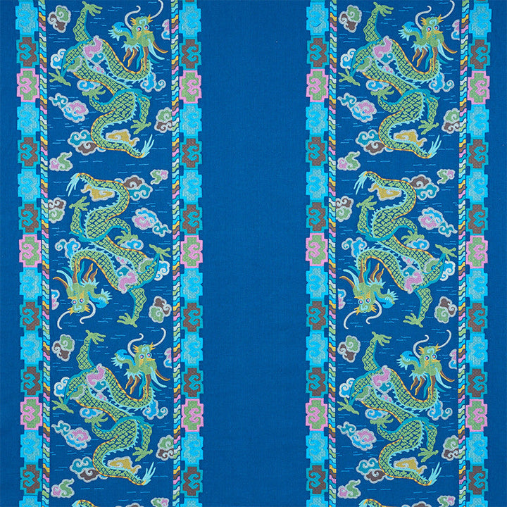 Lotan Dragon Embroidery Blue 78091 by Schumacher Fabric Schumacher Fabric Lotan Dragon Embroidery Blue 78091Fabric LINEN 65% INDIA </p><p>Repeat: H: HORZ. 26 1/2" (67CM) , V: VERT. 30" (76CM) 58.5 - Fabric Carolina -