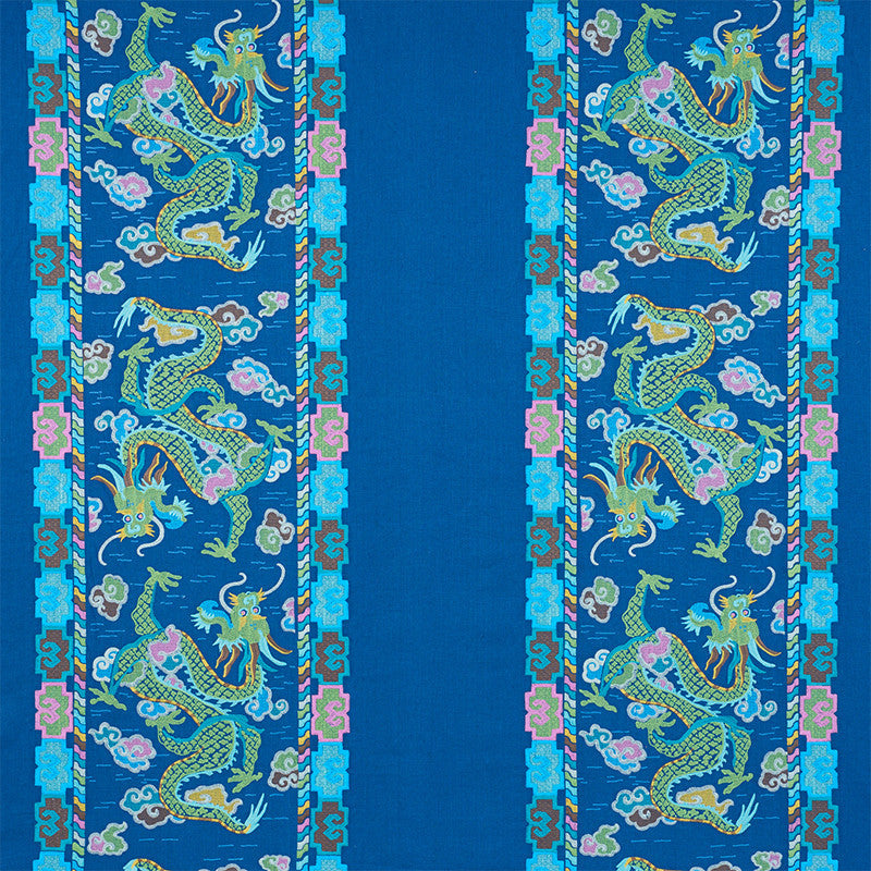 Lotan Dragon Embroidery Blue 78091 by Schumacher Designer Fabric FIRE BREATHER See Sample INDIA - </p><p>Repeat: Horizontal: 26 1/2" (67CM) and Vertical: 30" (76CM) 58 1/2" (149CM) - Swanky Fabrics -