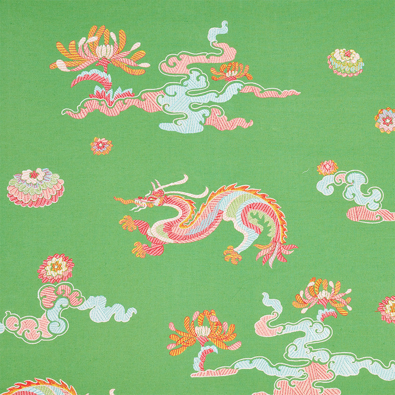 Hanlun Dragon Embroidery Green 78112 by Schumacher Designer Fabric FIRE BREATHER LINEN 80% VISCOSE 14% INDIA </p><p>Repeat: Horizontal: 52 1/4" (133CM) and Vertical: 30 1/4" (77CM) 52.25 - Swanky Fabrics -