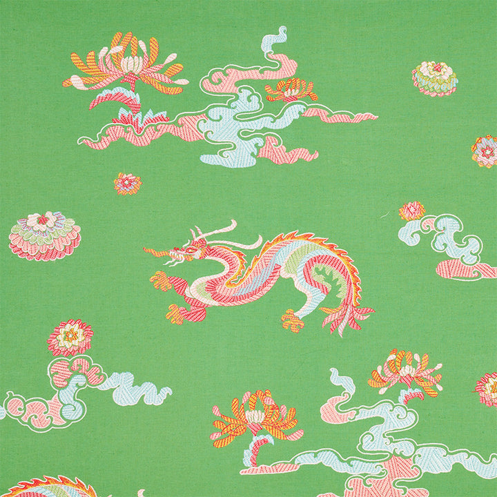 Hanlun Dragon Embroidery Green 78112 by Schumacher Fabric FIRE BREATHER LINEN 80% VISCOSE 14% INDIA </p><p>Repeat: Horizontal: 52 1/4" (133CM) and Vertical: 30 1/4" (77CM) 52.25 - Fabric Carolina -