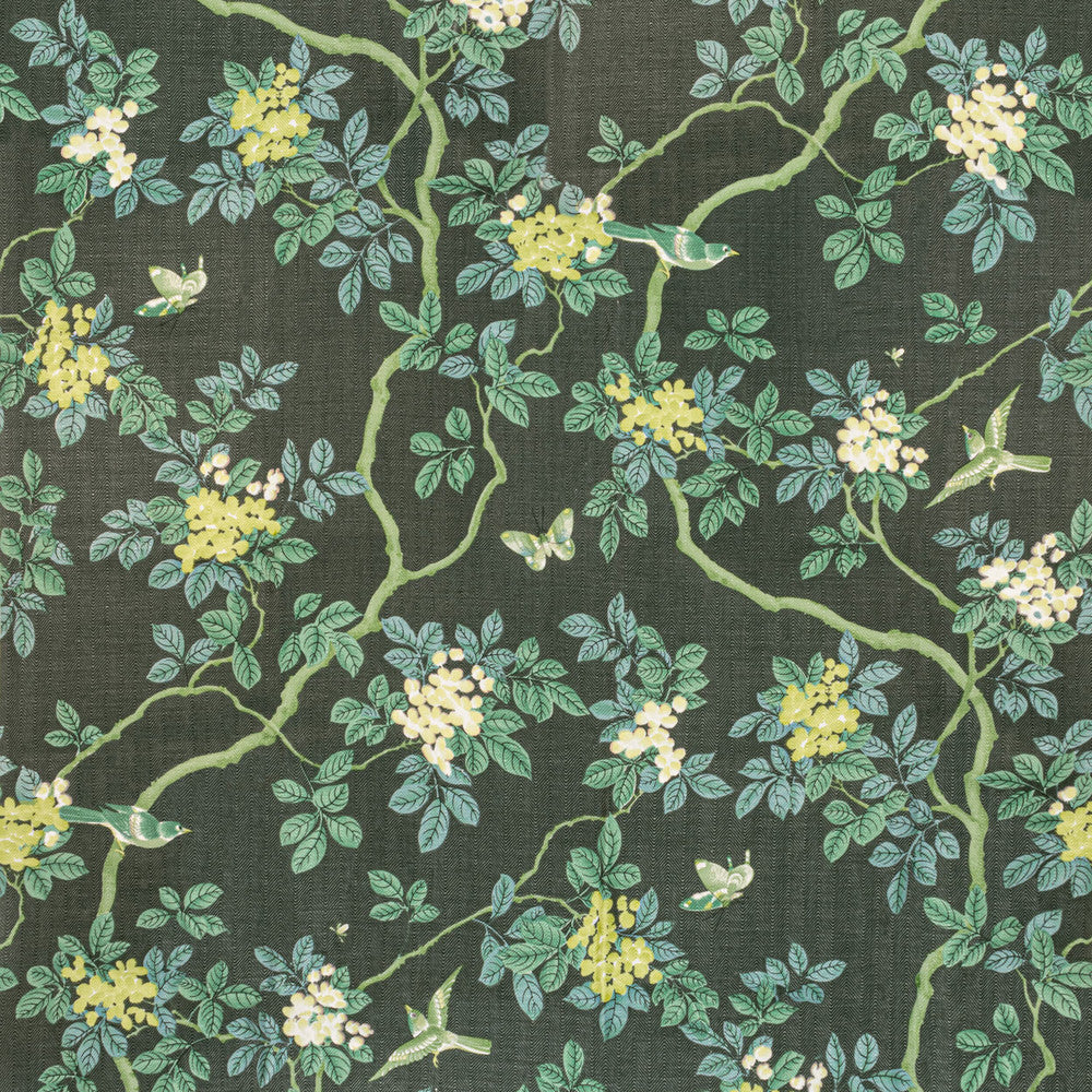 7814-15 Birds And Butterfly Herringbone Woodland by Bassett Mcnab Fabric BASSETT MCNAB ORIGINS 100%LIN USA Horizontal: 48 and Vertical: 49 48 in - Fabric Carolina -
