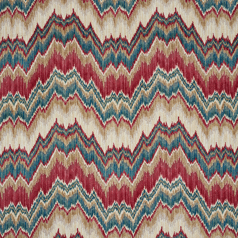 Bezique Flamestitch Velvet Red & Peacock 78790 by Schumacher Fabric CUT & PATTERNED VELVETS VISCOSE 86% COTTON 7% BELGIUM MARTINDALE 8,000 </p><p>Repeat: Horizontal: 13 1/2" (34CM) and Vertical: 14 1/4" (36CM) 53.75 - Fabric Carolina -