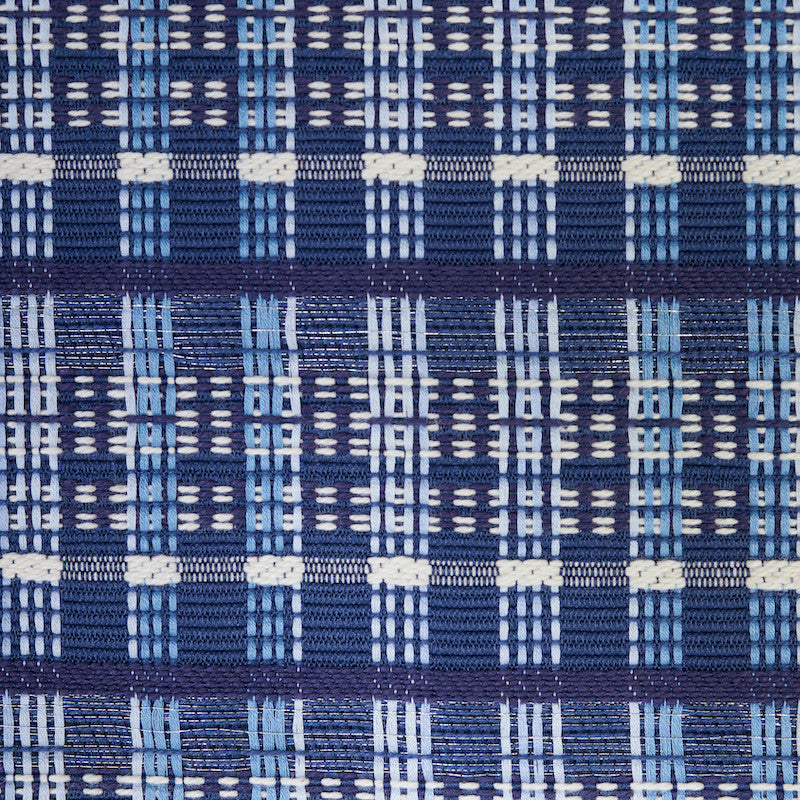 Zealand Check Denim 79070 by Schumacher Designer Fabric SCANDINAVIAN MODERN COTTON 97% ZARI 3% INDIA </p><p>Repeat: Horizontal: 13 5/8" (35CM) and Vertical: 1 1/2" (4CM) 54 - Swanky Fabrics -