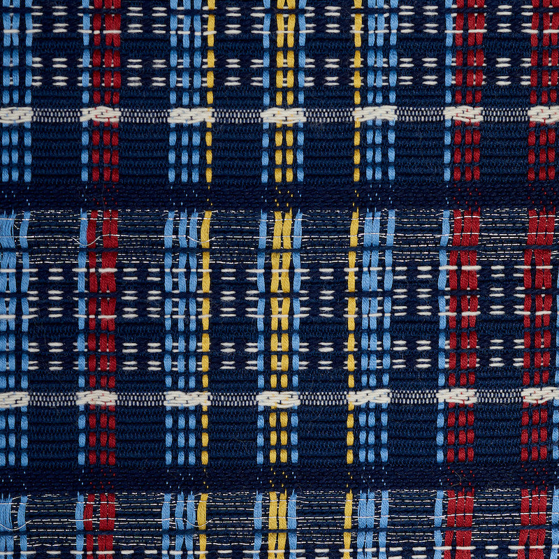 Zealand Check Navy Multi 79072 by Schumacher Fabric SCANDINAVIAN MODERN COTTON 97% ZARI 3% INDIA </p><p>Repeat: Horizontal: 13 5/8" (35CM) and Vertical: 1 1/2" (4CM) 54 - Fabric Carolina -