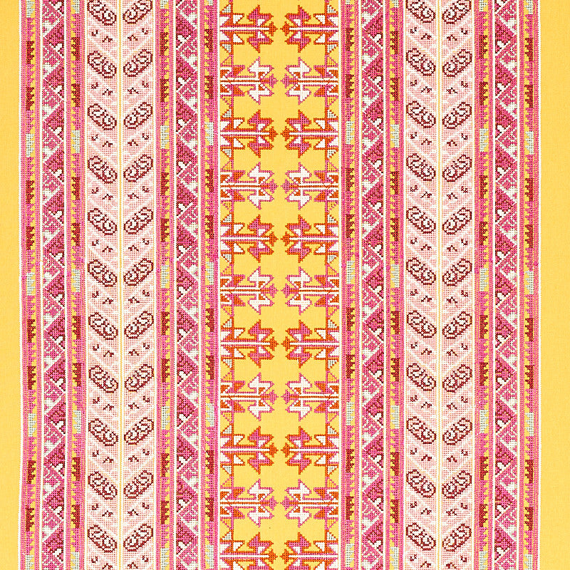 Vinka Embroidery Pink & Yellow 79622 by Schumacher Fabric BOHEMIA COTTON 52% RAYON 48% INDIA </p><p>Repeat: Horizontal: 26 1/2" (67CM) and Vertical: 7 7/8" (20CM) 53 - Fabric Carolina -