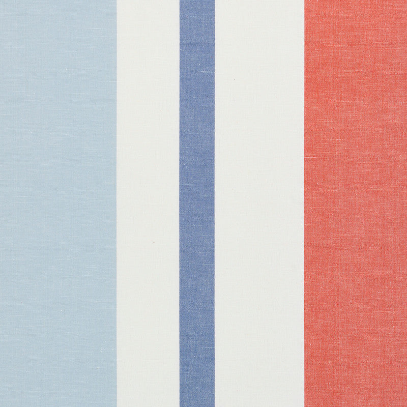Lolland Linen Stripe Sky & Coral 79662 by Schumacher Designer Fabric SCANDINAVIAN MODERN See Sample INDIA - </p><p>Repeat: Horizontal: 54" (137CM) and Vertical: - 54" (137CM) - Swanky Fabrics -