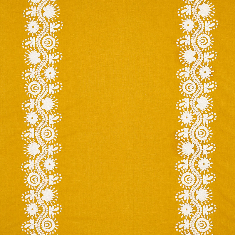 Theodora Embroidery Saffron 80740 by Schumacher Fabric Schumacher Fabric Theodora Embroidery Saffron 80740Fabric LINEN 50% INDIA </p><p>Repeat: H: HORZ. 25 3/5" (65CM), V: VERT. 51" (130CM) 51 - Fabric Carolina -