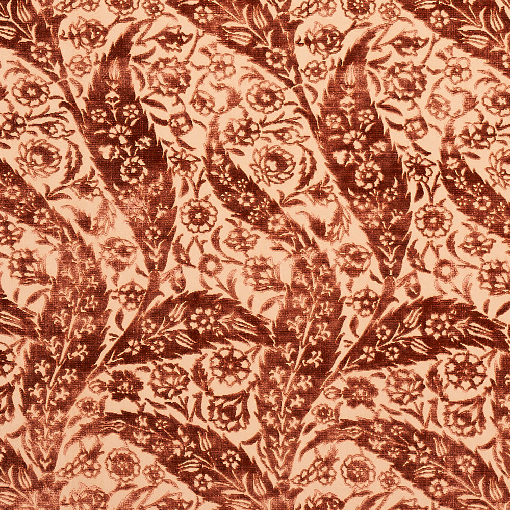 Saz Paisley Velvet Terracotta 80781 by Schumacher Fabric Schumacher Fabric Saz Paisley Velvet Terracotta 80781Fabric SILK 51% INDIA </p><p>Repeat: H: HORZ. 13 2/5" (34CM), V: VERT. 31 1/2" (80CM) 54.75 - Fabric Carolina -