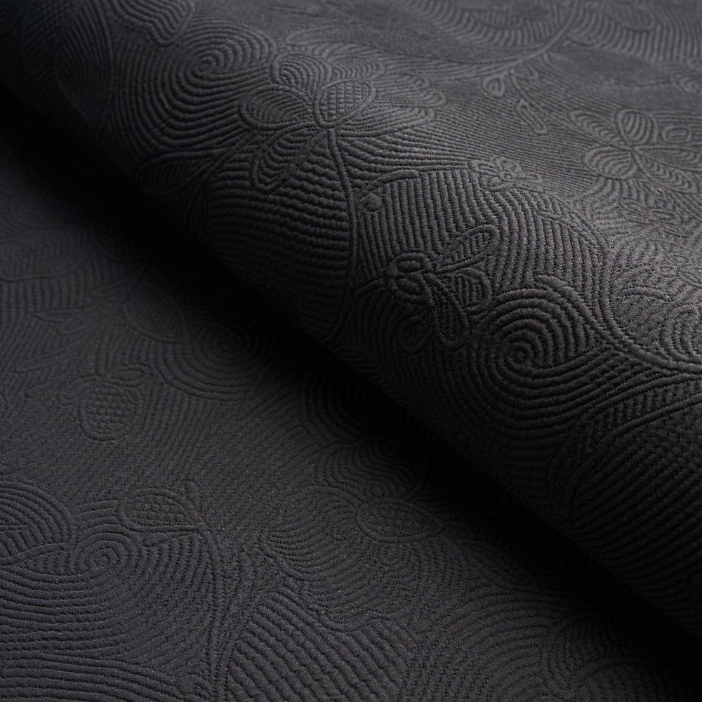 Quilted Scroll Matelasse Pitch Black 81591 by Schumacher Fabric Schumacher Fabric Quilted Scroll Matelasse Pitch Black 81591Fabric COTTON 100% ITALY </p><p>Repeat: H: 27 1/2" (70CM), V: 27 1/2" (70CM) 53 1/3" (136CM) - Fabric Carolina -