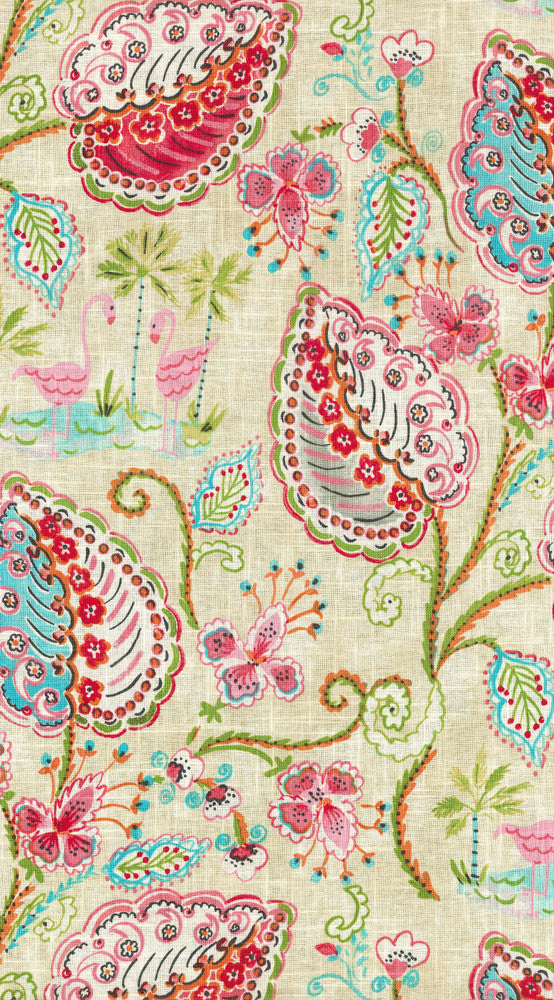 Flamingo Frolic Watermelon 900481 by Dena Home Fabric PALM BEACH PARADE 55% Linen 45% Rayon CHINA Wyzenbeek 24,000 Horizontal: 13.50" and Vertical: 25.25" 54" - Fabric Carolina -
