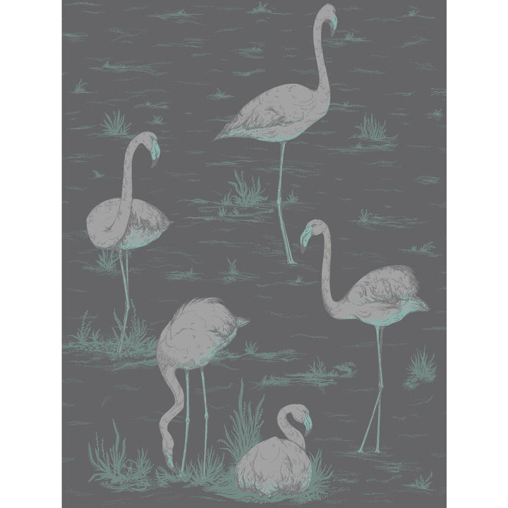 Flamingos Teal/Slvr/Bk by Cole & Son Designer Wallcovering CONTEMPORARY RESTYLED PAPER - 100% United Kingdom Horizontal: 21 and Vertical: 27.5 21 - Swanky Fabrics -