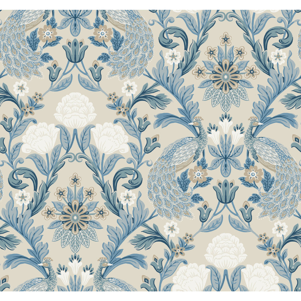 Plume Dynasty Neutral & Blue Wallpaper by Ronald Redding Arts and Crafts Covers about 60.8 square feet 27-in by 27-ft long roll Unpasted 25.25 - Fabric Carolina -