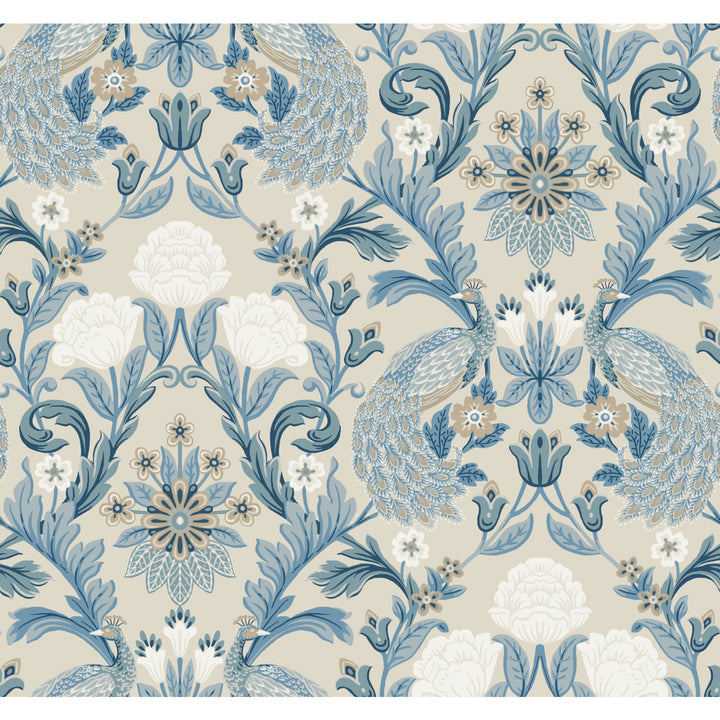Plume Dynasty Neutral & Blue Wallpaper by Ronald Redding Arts and Crafts Covers about 60.8 square feet 27-in by 27-ft long roll Unpasted 25.25 - Fabric Carolina -