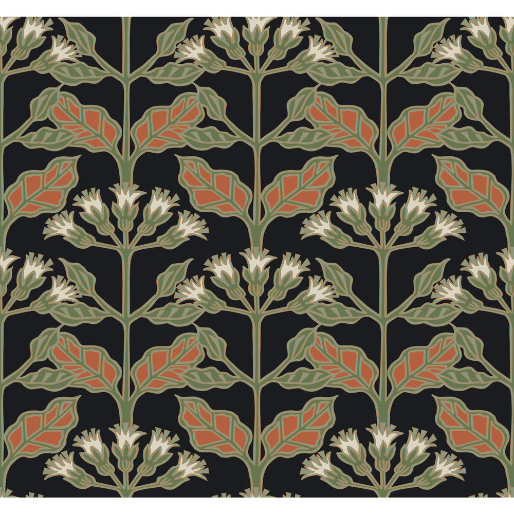 Tracery Blooms Black Metallic Wallpaper by Ronald Redding Arts and Crafts Covers about 60.8 square feet 27-in by 27-ft long roll Unpasted 25.25 - Fabric Carolina -