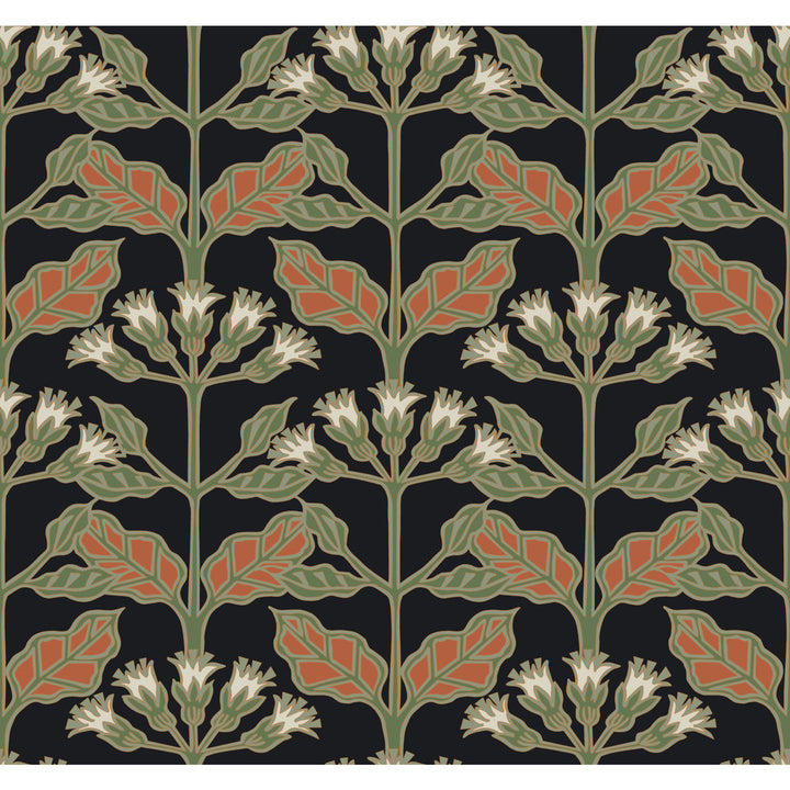 Tracery Blooms Black Metallic Wallpaper by Ronald Redding Arts and Crafts Covers about 60.8 square feet 27-in by 27-ft long roll Unpasted 25.25 - Fabric Carolina -