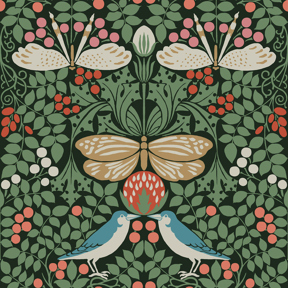 Butterfly Garden Green Metallic Wallpaper by Ronald Redding Arts and Crafts Covers about 56.4 square feet 20.5-in by 33-ft long roll Unpasted 20.5 - Fabric Carolina -