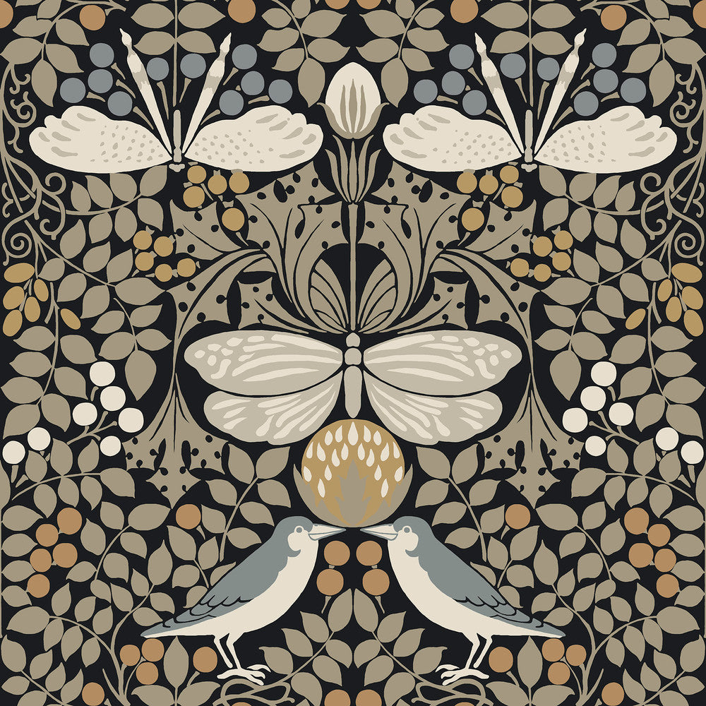 Butterfly Garden Black Metallic Wallpaper by Ronald Redding Arts and Crafts Covers about 56.4 square feet 20.5-in by 33-ft long roll Unpasted 20.5 - Fabric Carolina -