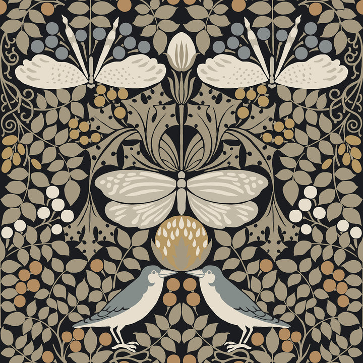 Butterfly Garden Black Metallic Wallpaper by Ronald Redding Arts and Crafts Covers about 56.4 square feet 20.5-in by 33-ft long roll Unpasted 20.5 - Fabric Carolina -