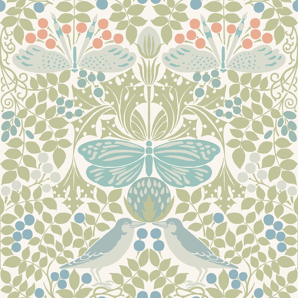 Butterly Garden Green & Blue Wallpaper by Ronald Redding Arts and Crafts Covers about 56.4 square feet 20.5-in by 33-ft long roll Unpasted 20.5 - Fabric Carolina -