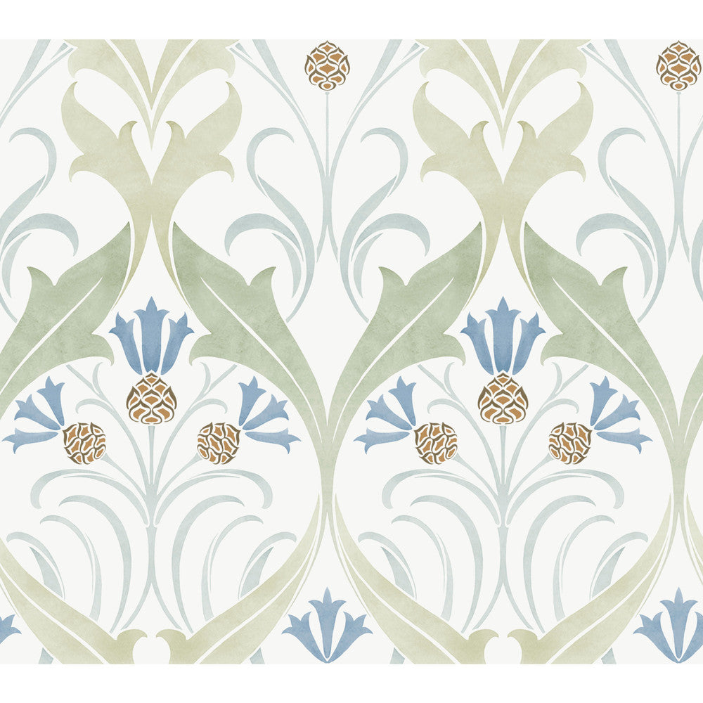 Pine Cone Ribbon Green & Blue Metallic Wallpaper by Ronald Redding Arts and Crafts Covers about 60.8 square feet 27-in by 27-ft long roll Unpasted 24 - Fabric Carolina -