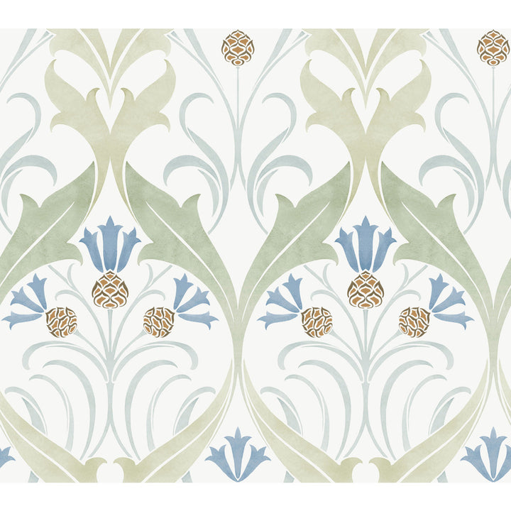 Pine Cone Ribbon Green & Blue Metallic Wallpaper by Ronald Redding Arts and Crafts Covers about 60.8 square feet 27-in by 27-ft long roll Unpasted 24 - Fabric Carolina -
