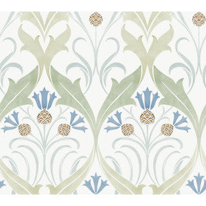 Pine Cone Ribbon Green & Blue Metallic Wallpaper by Ronald Redding