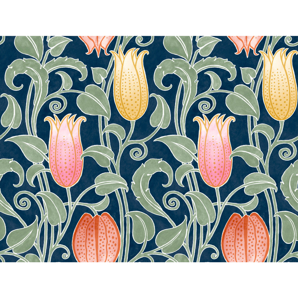 Canterbury Bells Navy Wallpaper by Ronald Redding Arts and Crafts Covers about 60.8 square feet 27-in by 27-ft long roll Unpasted 24 - Fabric Carolina -