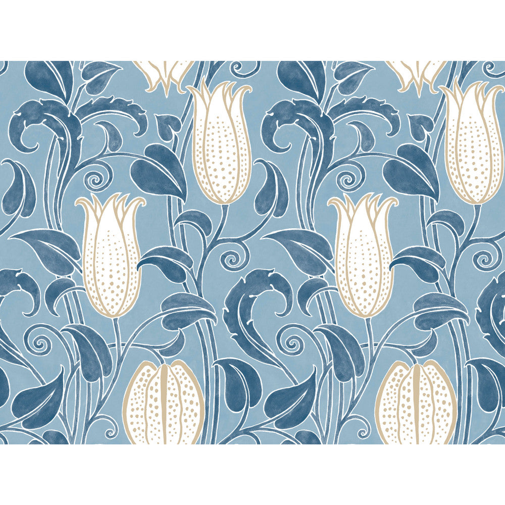 Canterbury Bells Blue Wallpaper by Ronald Redding Arts and Crafts Covers about 60.8 square feet 27-in by 27-ft long roll Unpasted 24 - Fabric Carolina -
